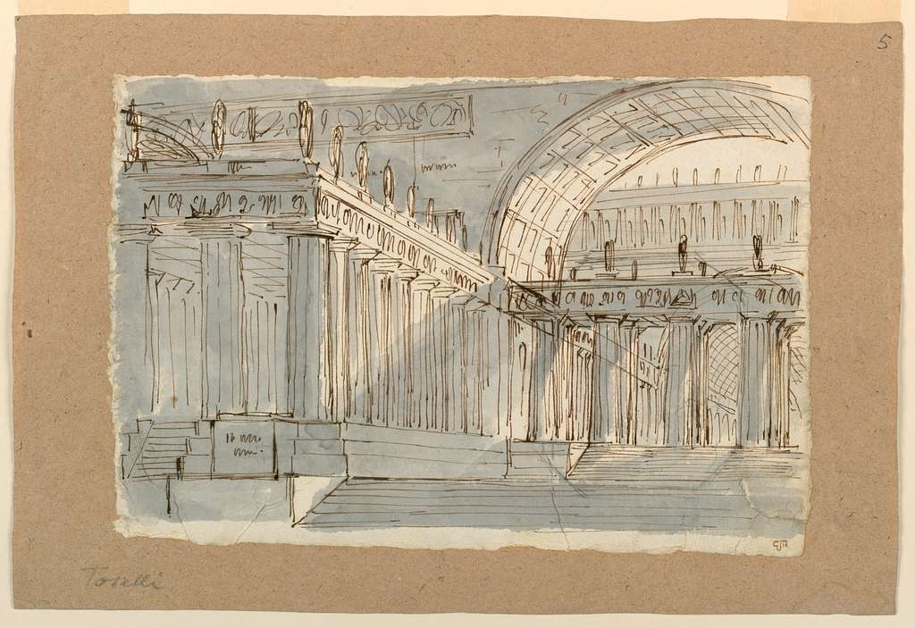 Drawing Stage Design Antique Building With Porticoes Early 19th