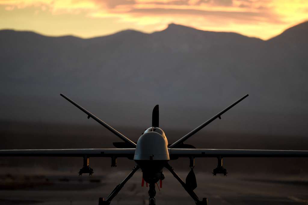 An MQ 9 Reaper Sits On The Flight Line As The Sun Sets PICRYL Public