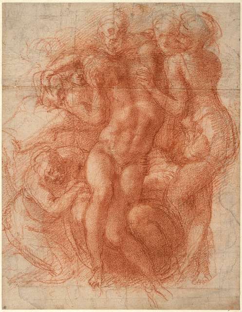 The muscles of the left leg, seen from the front, and the bones and muscles  of the right leg seen in right profile, and between them, a patella.  Drawing by Michelangelo Buonarroti