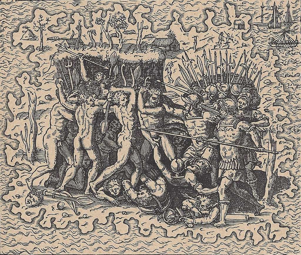Magellans Ermordung - A black and white drawing of a group of
