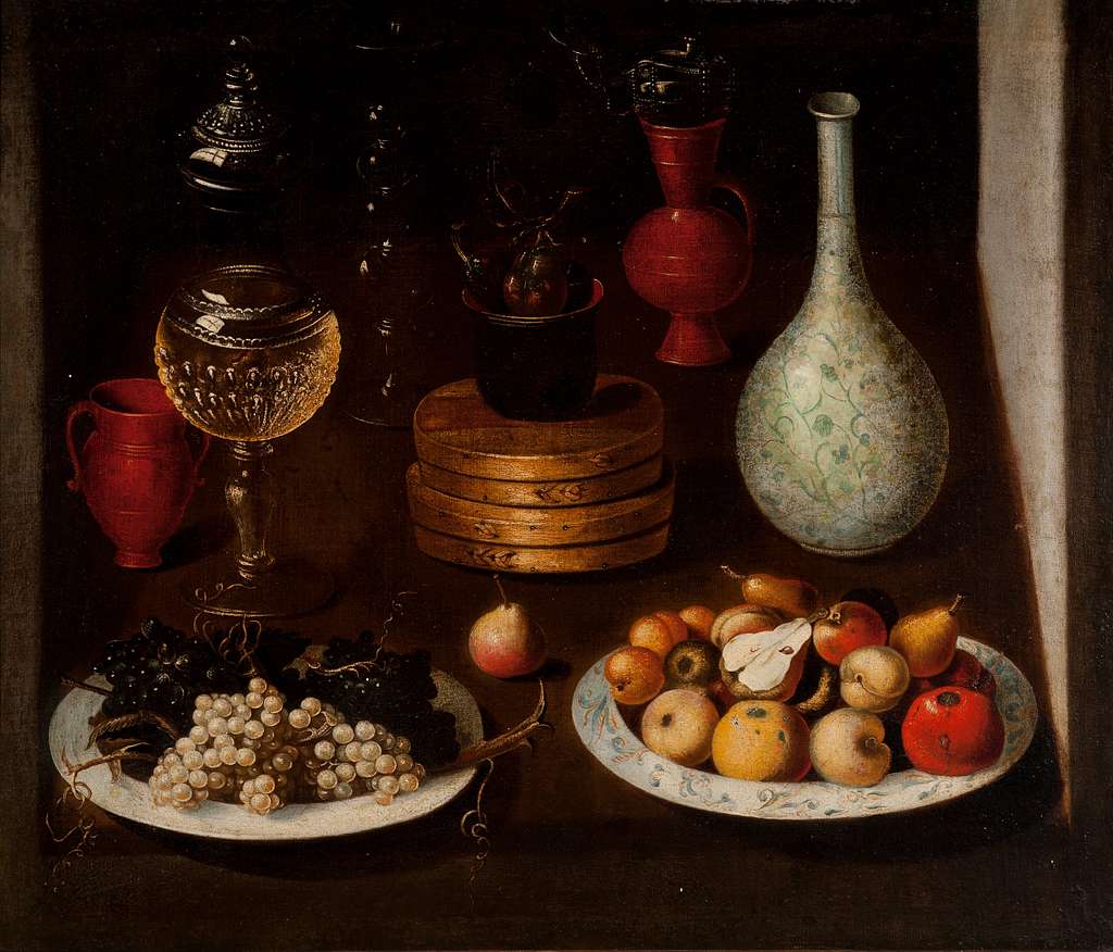 Still life with a gilt tazza and a basket filled with flowers by