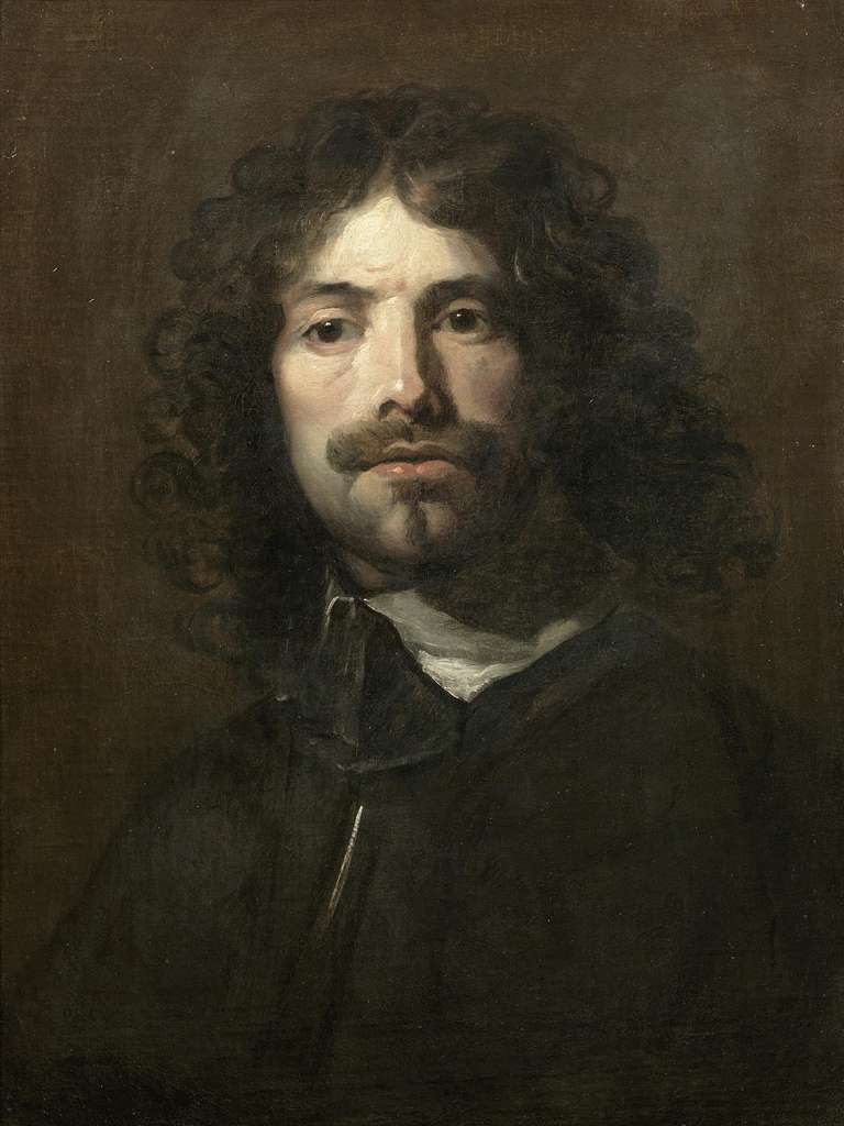 Portrait of the artist, bust length in a black tunic and white