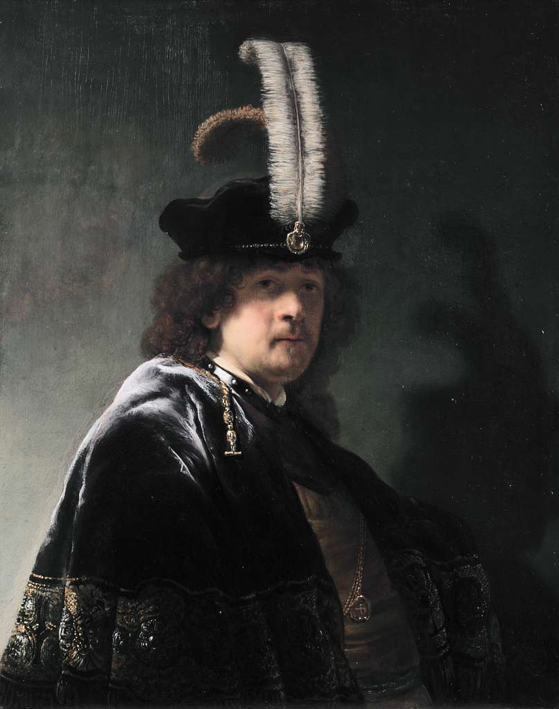 Self portrait wearing a white feathered bonnet, by Rembrandt van Rijn ...