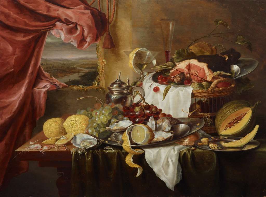 Still life with a gilt tazza and a basket filled with flowers by