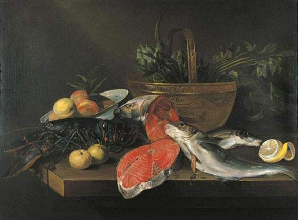 Still life with fish, fruit, vegetables and kitchen utensils . between 1630  and 1661 277 Alexander Adriaenssen - Still life with fish, fruit,  vegetables and kitchen utensils Stock Photo - Alamy