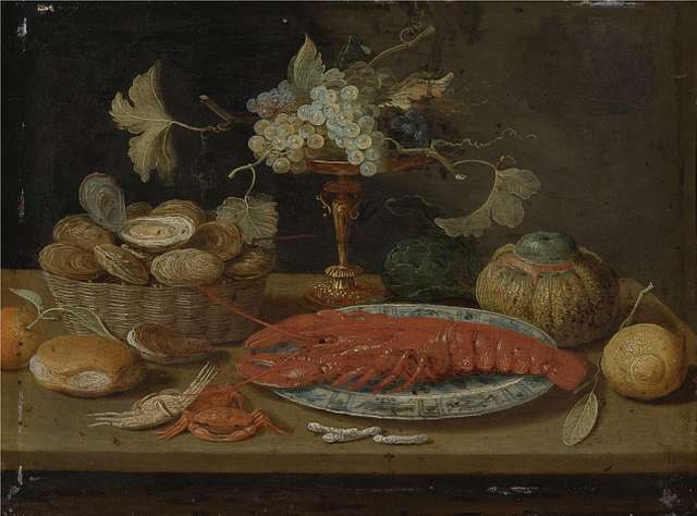 Still life with grapes on a tazza, a basket of fruit, two crayfish on a  plate and a squirrel - Wikidata