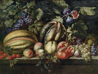 Michelangelo Cerquozzi A still life of fruit with melons grapes