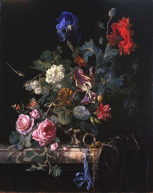 Willem van Aelst - Bloemenstilleven met horloge - PICRYL - Public ...