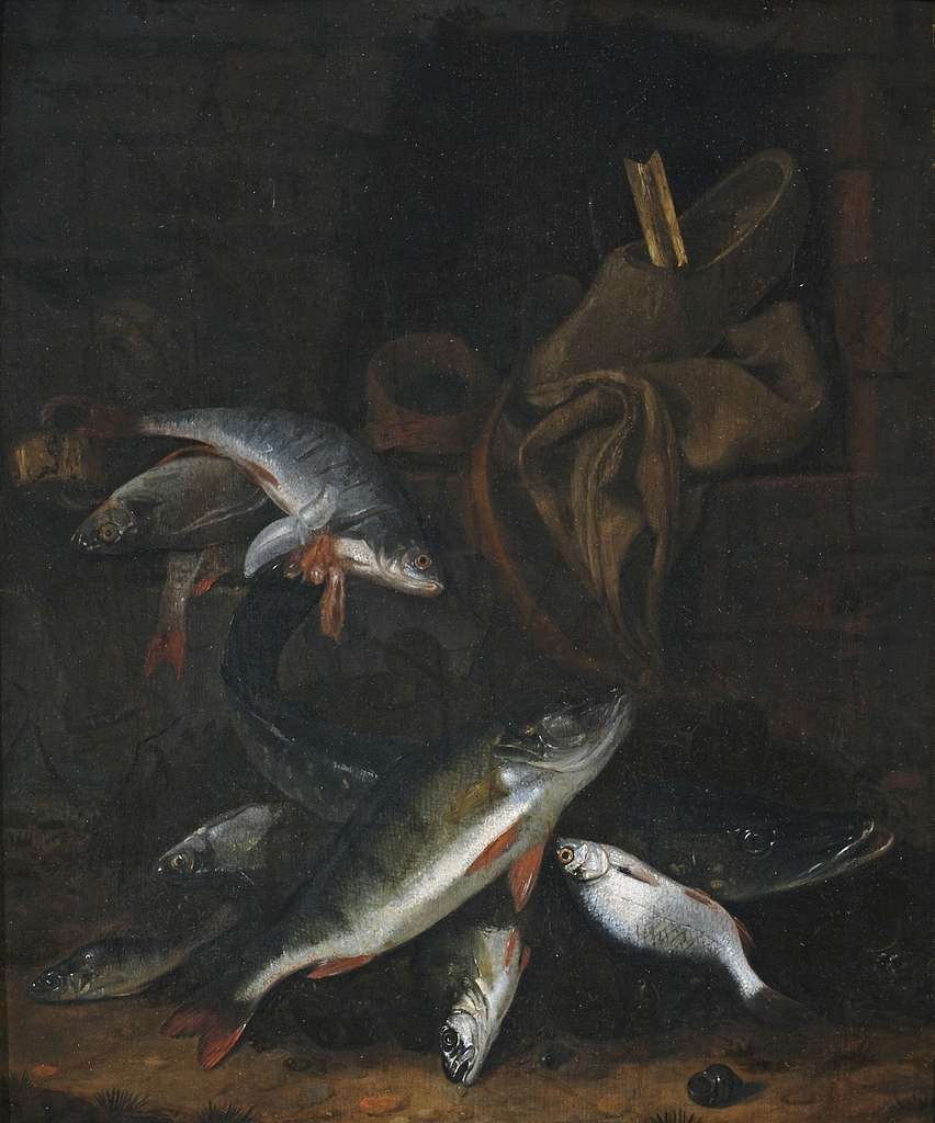 A Still Life Of Freshwater Fish And Fishing Nets, Piled High On A Stone  Ledge In A Niche oil painting reproduction by Jakob Gillig 