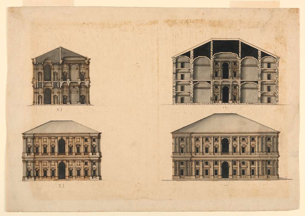 Drawing, Two Front Elevations and Two Section Drawings of Houses, 1700 ...