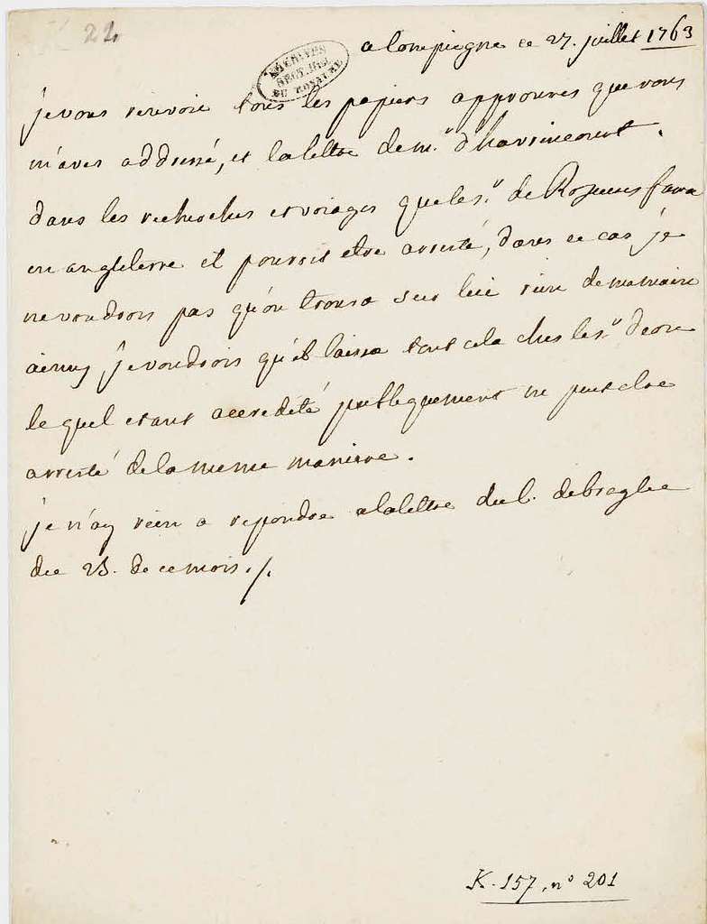 Lettre Du Roi Louis Xv Au Comte Charles Fran Ois De Broglie Archives Nationales K D N