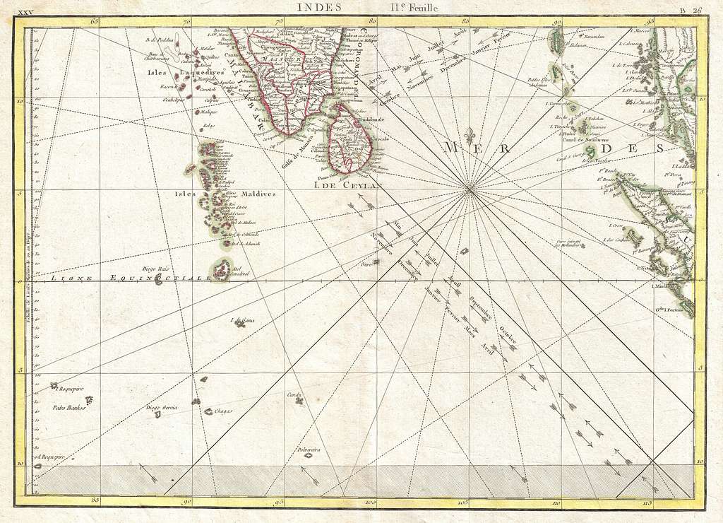 1770 Bonne Map of Southern India, Sri Lanka (Ceylon), the Maldives, and ...