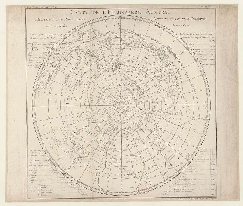 Carte de l'hémisphère austral montrant les routes des navigateurs les ...