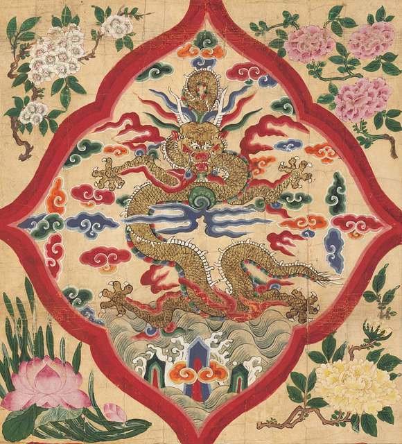 Dragon, center detail, Korea, Joseon dynasty - Set of Four Painted ...