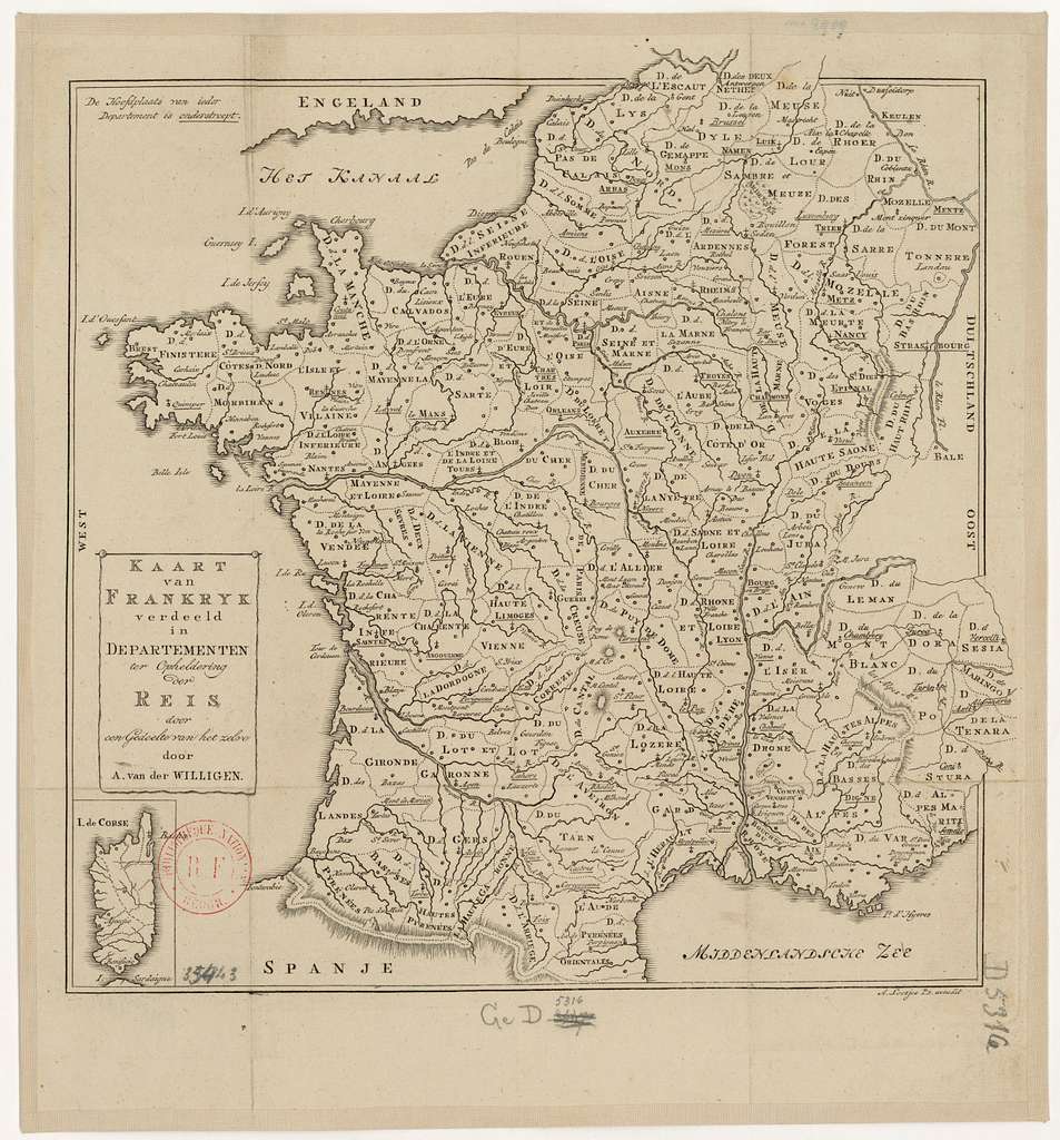 Kaart van Frankryk verdeeld in departementen ter opheldering der Reis ...