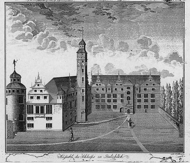 Schloss Butzbach 1812 - A drawing of a large building with a clock ...