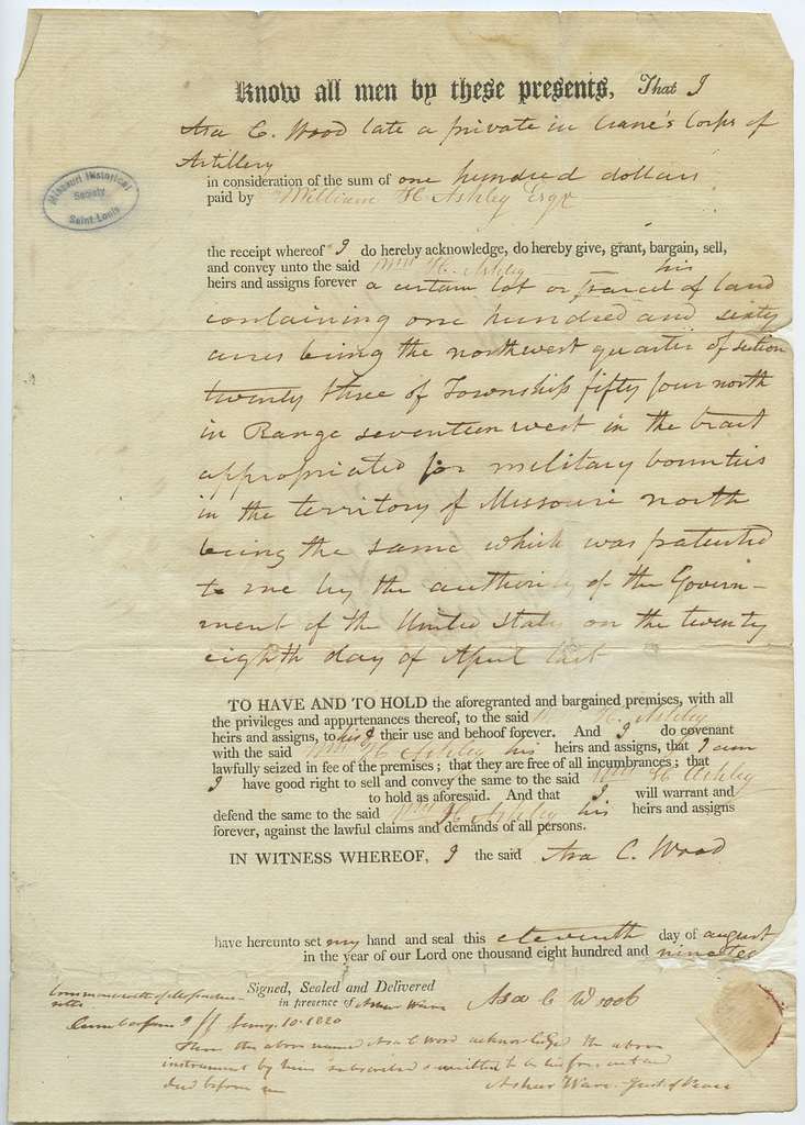 Deed of Asa C. Wood (late a private in Crane’s Corps of Artillery) to ...