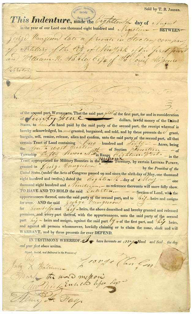 Deed of George Vangeson (late a private in Stocton Company of Artillery ...