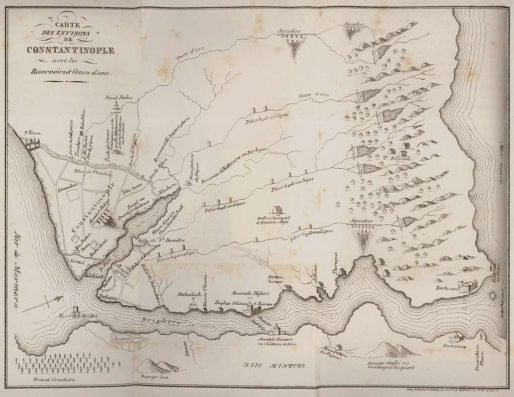 Carte des environs de Constantinople avec les reservoirs et cours d'eau ...