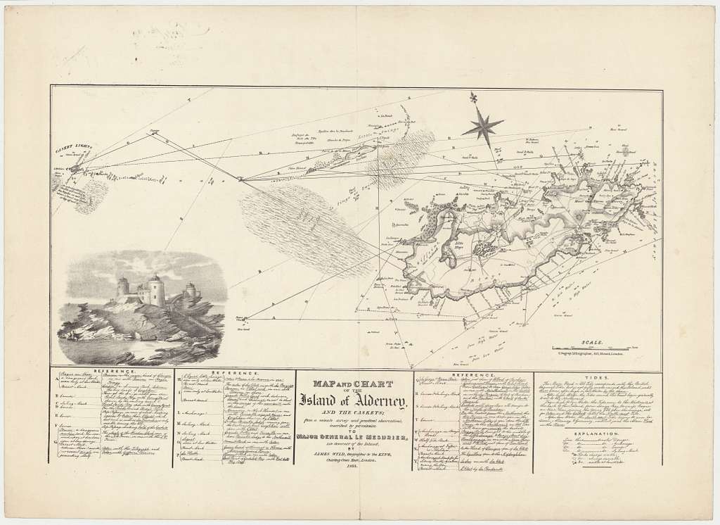 Map and chart of the island of Alderney and the Caskets - from a minute ...