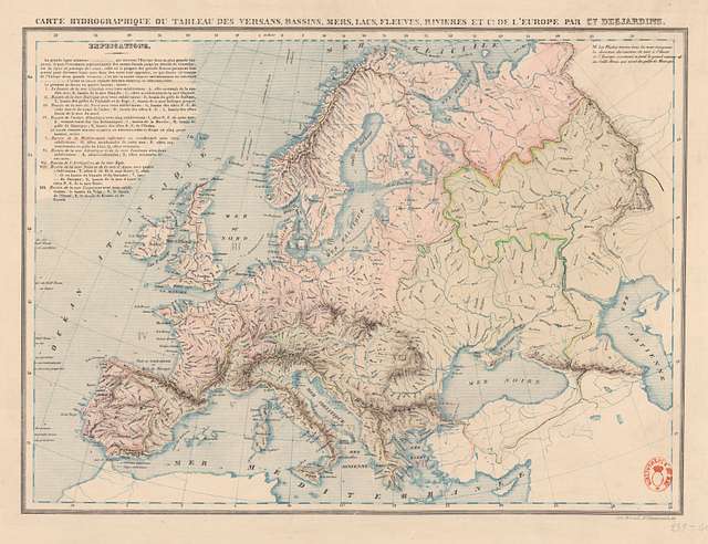 Carte hydrographique ou tableau des versans, bassins... rivières, etc ...