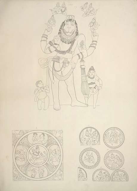 An 1853 sketch of 6th century stone carvings of standing Narasimha Man ...