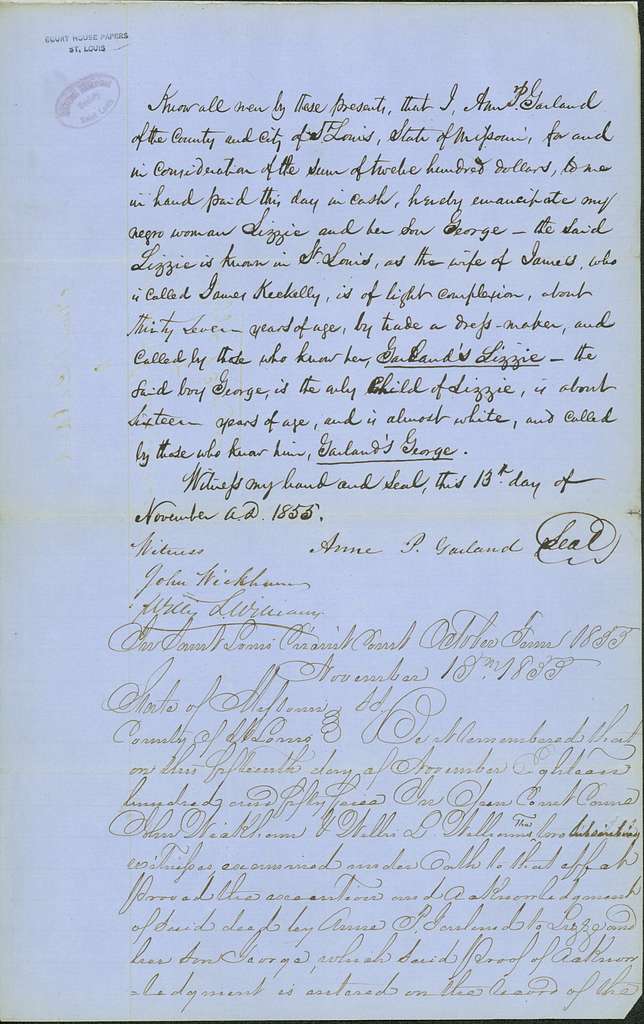 Deed of Emancipation of Lizzie (Elizabeth Keckley) and her son George ...