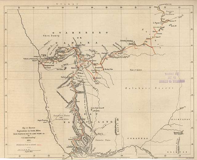 Map to illustrate Explorations in South Africa from Walvisch Bay to ...