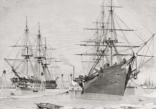 Die umgebauten Kriegsschiffe HMS "Agamemnon" und USS "Niagara" mit