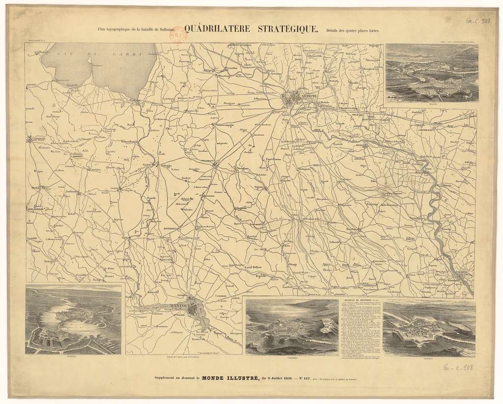 Plan topographique de la bataille de Solferino Quadrilatère stratégique Détails des quatre