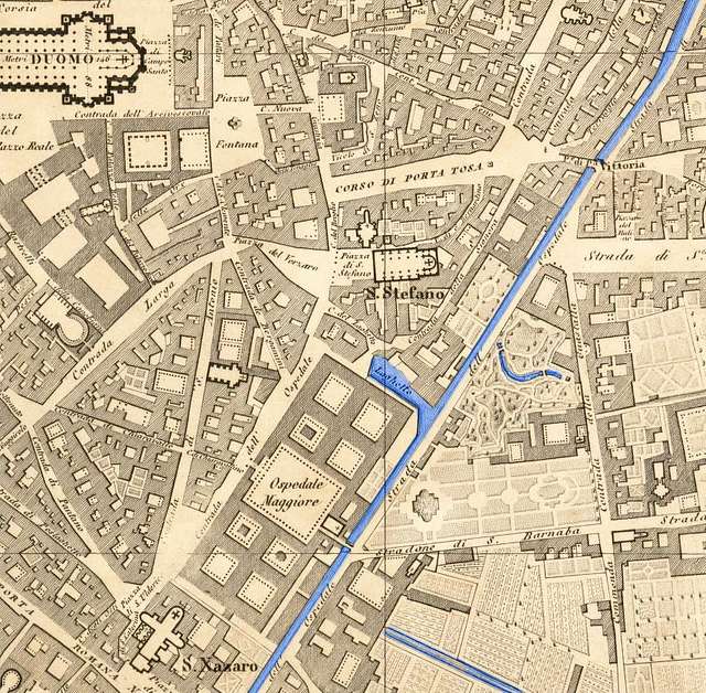 Mappa di Milano del 1860 - Particolare del laghetto di Santo Stefano ...