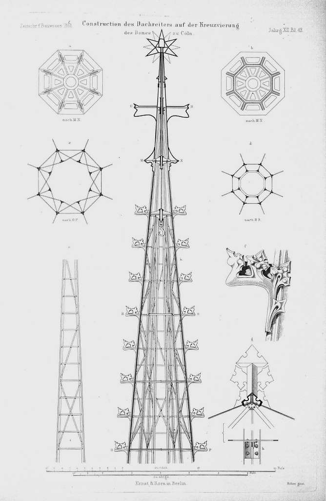 Cologne Cathedral, Crossing Tower, cutaway drawing of tip with details ...