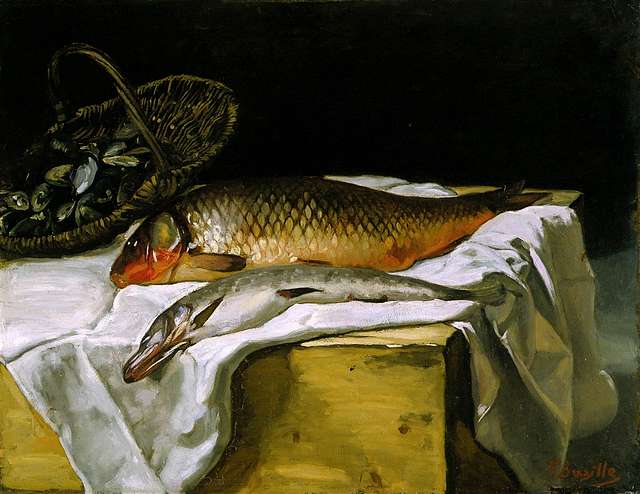 A Still Life Of Freshwater Fish And Fishing Nets, Piled High On A Stone  Ledge In A Niche oil painting reproduction by Jakob Gillig 