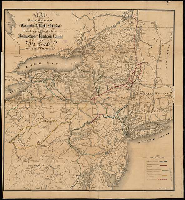 1873 Map showing the lines of canals and rail roads owned, leased and ...