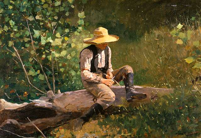 A painting of a boy sitting on a rock by the water. Fishing lake landscape.  - PICRYL - Public Domain Media Search Engine Public Domain Search