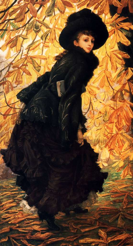 James Tissot Octobre A painting of a woman in a black dress and