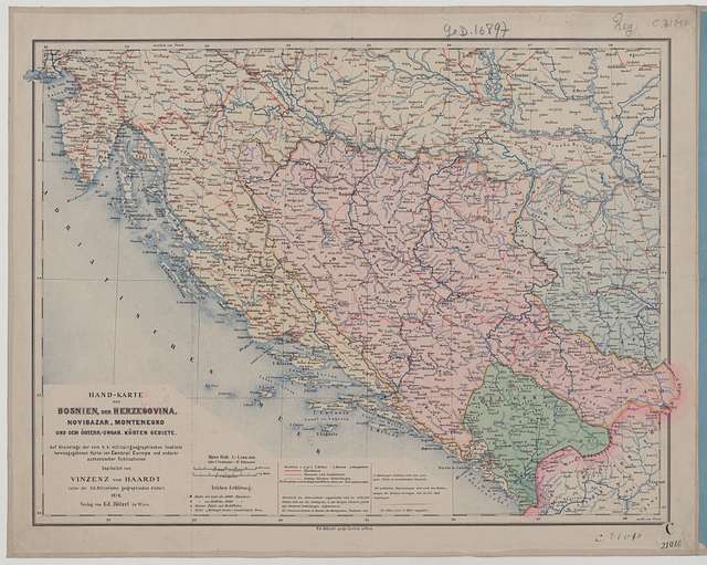 1878 - Hand-Karte von Bosnien, der Herzegovina, Novibazar, Montenegro ...