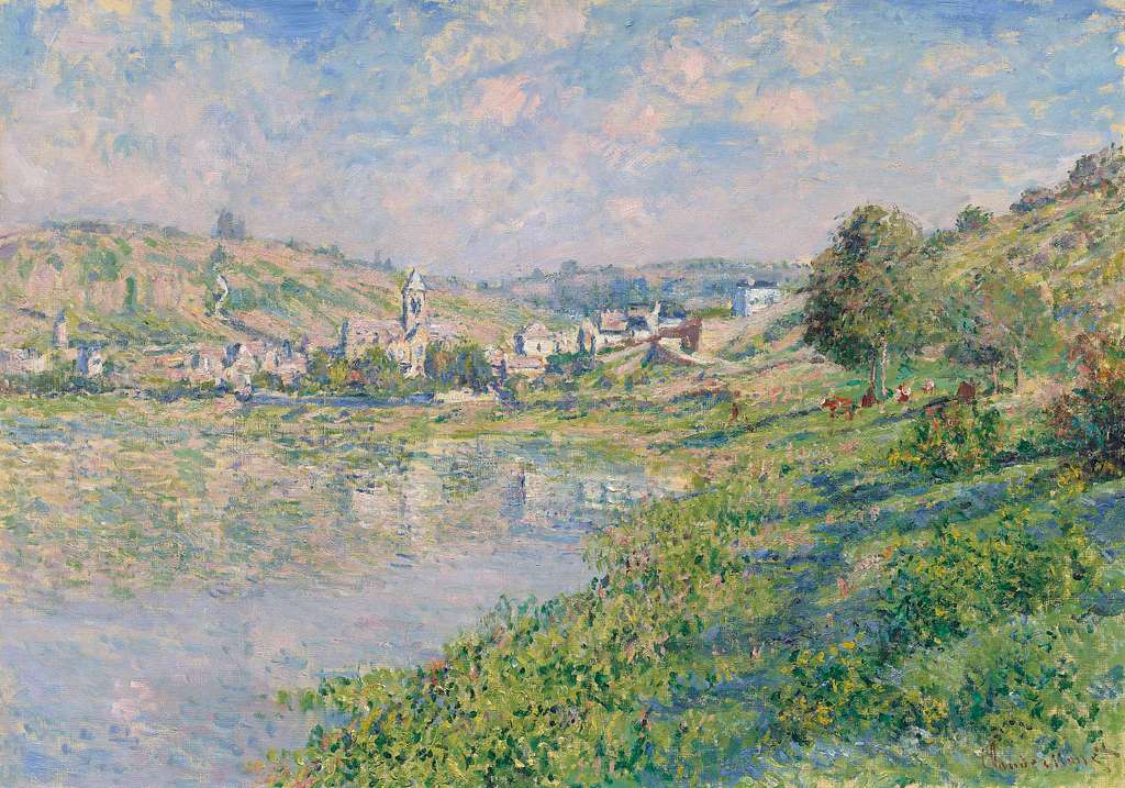 Claude monet vetheuil - A painting of a river with a town in the ...