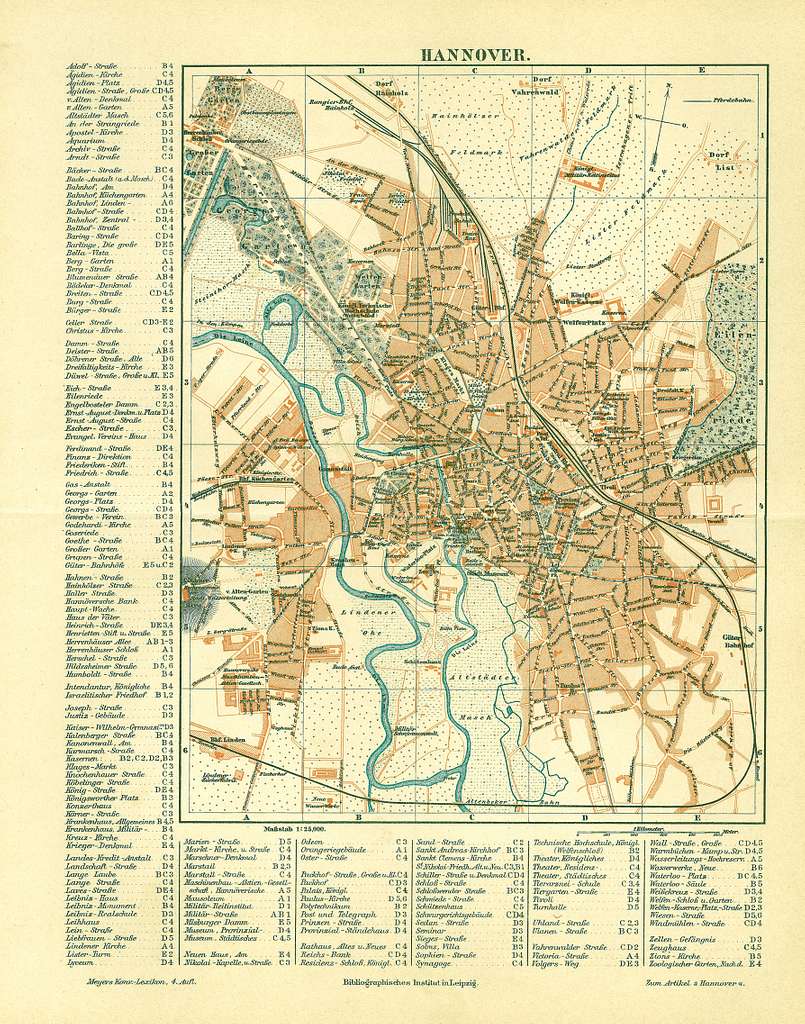 Stadtplan Hannover 1888 Meyers Konversations-Lexikon 4. Auflage 200dpi ...