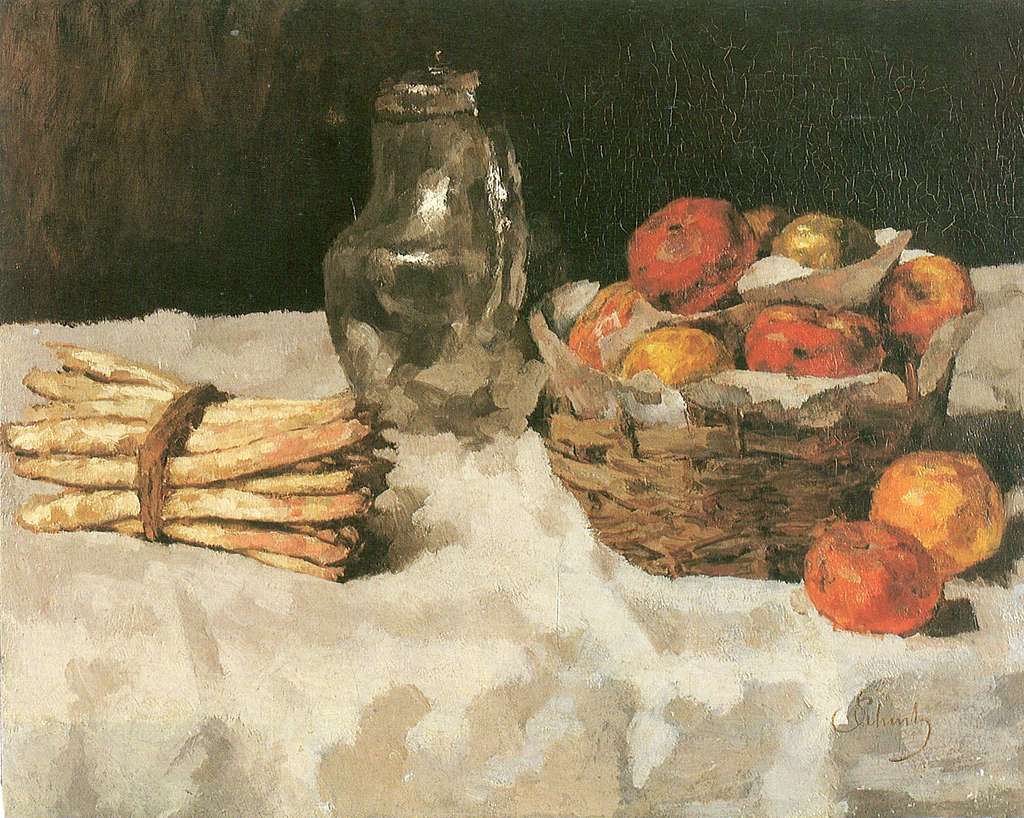 Carl Schuch - Äpfel auf Weiß; mit Körbchen, Zinnkrug und Spargelbund -  PICRYL - Public Domain Media Search Engine Public Domain Search