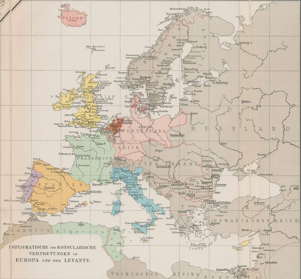 1893 map of Europe and the Middle East showing German consulates ...