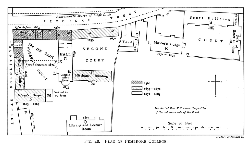 Historical plan of Pembroke College, Cambridge (1897 ...