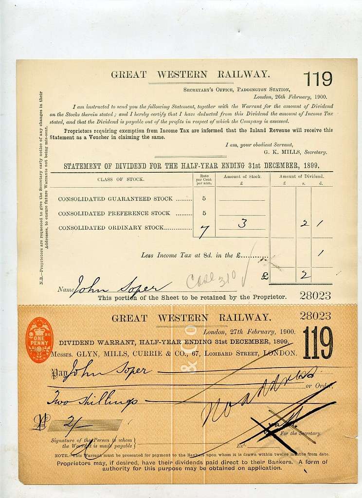 Great Western Railway dividend share certificate - December 1899 ...