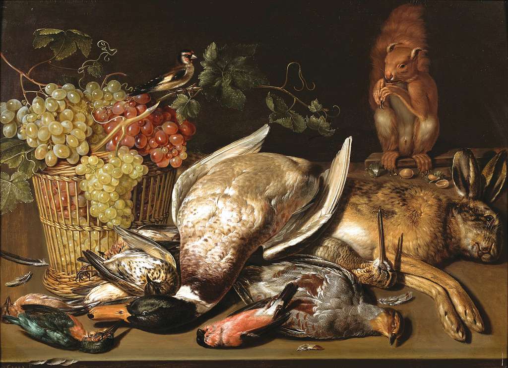 Still life with grapes on a tazza, a basket of fruit, two crayfish