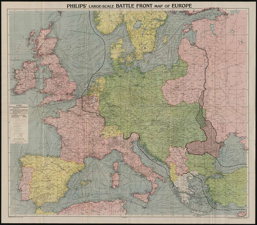 Philips' large scale battle front map of Europe showing the allies ...