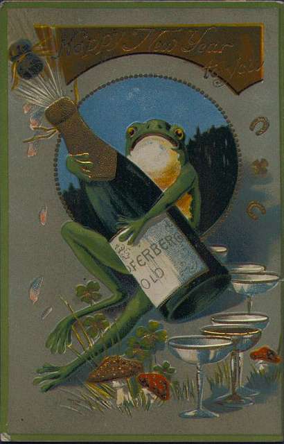 Image of A Victorian New Year card of a frog going fishing, by