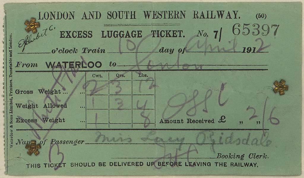 Exhibit C is an Excess Luggage Ticket from a TITANIC passenger who traveled  from London's Waterloo Station to - NARA - 278330 - PICRYL - Public  Domain Media Search Engine Public Domain Search
