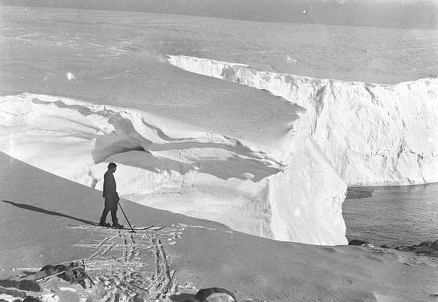 A distant bow view of 'Endurance' (1912) frozen into the ice floe