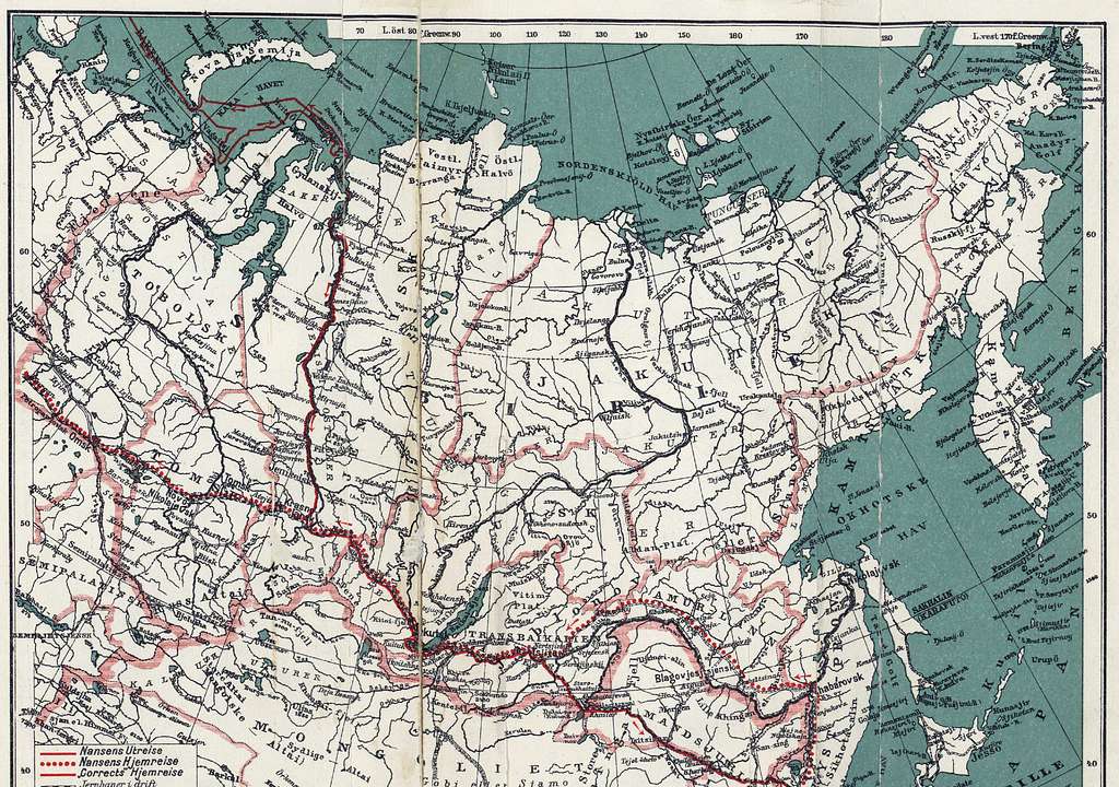 P507 Map of Siberia, showing Dr Nansen's routes, outward and homeward ...