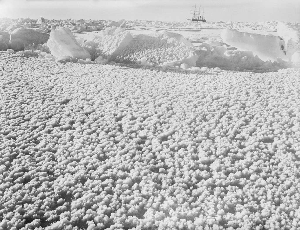 A distant bow view of 'Endurance' (1912) frozen into the ice floe